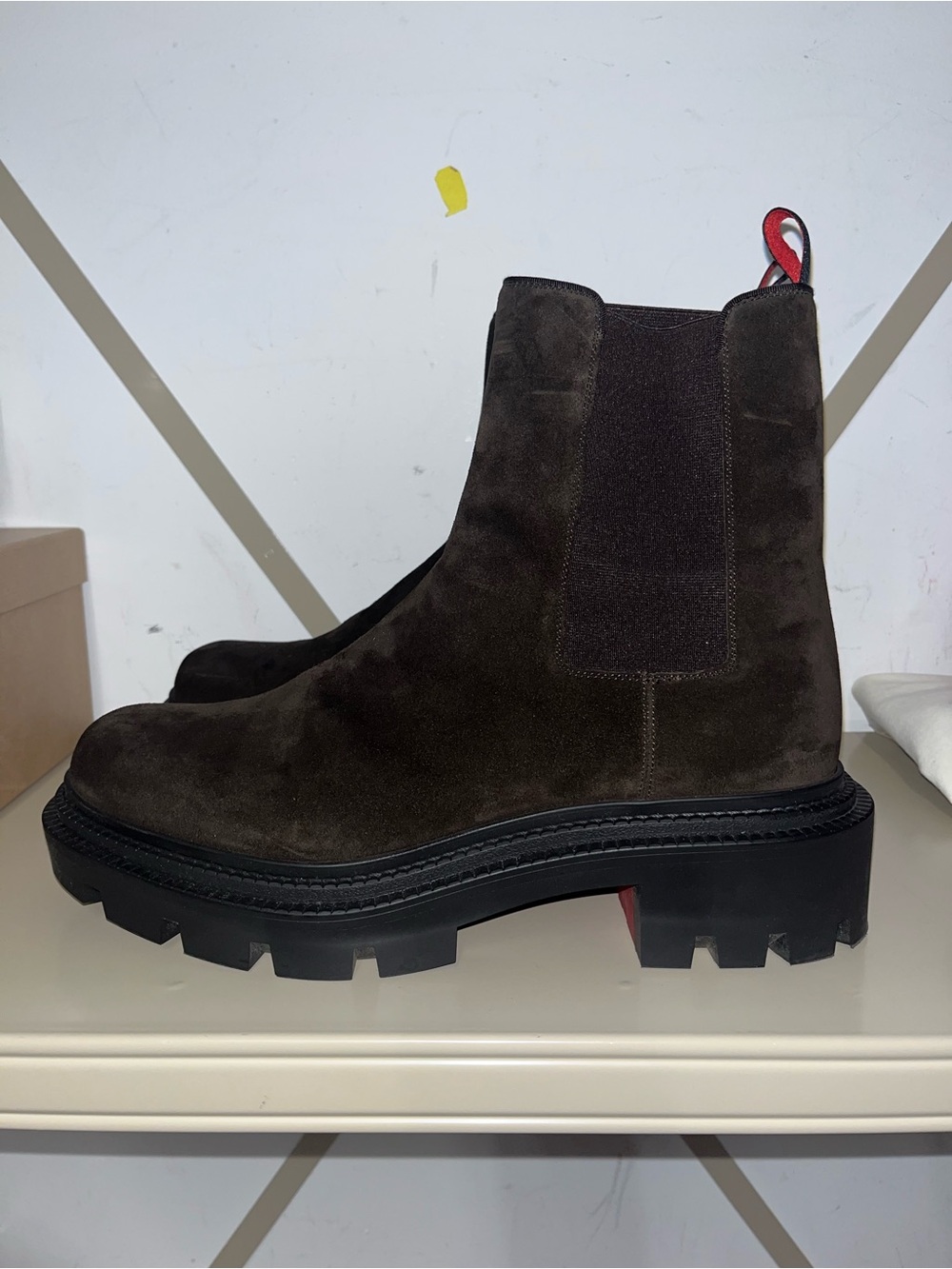 Christian Louboutin Men's Dark Brown Suede Chukka Boot with Red Heel Tab